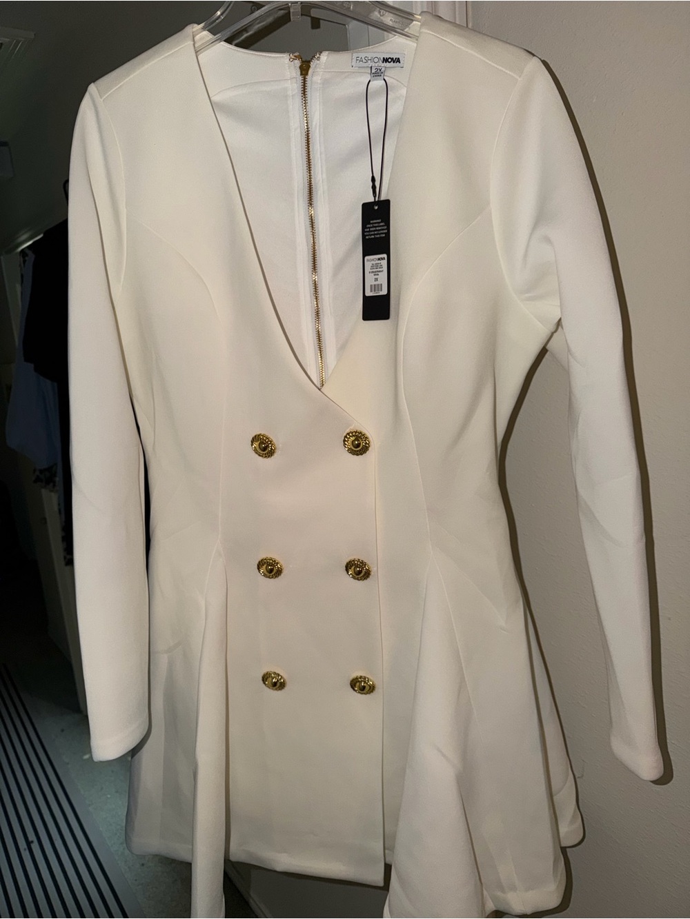 Fashion Nova Cream Double-Breasted Blazer Dress with Gold Buttons